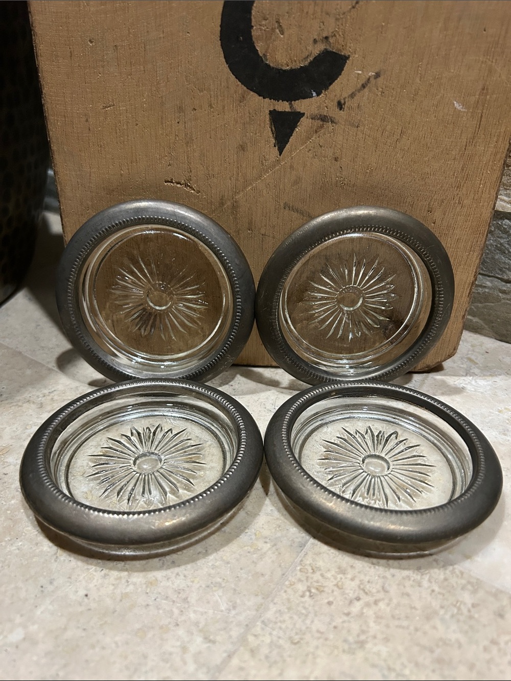 Vintage LEONARD ITALY Silver Plated Starburst Glass Coasters (4)
